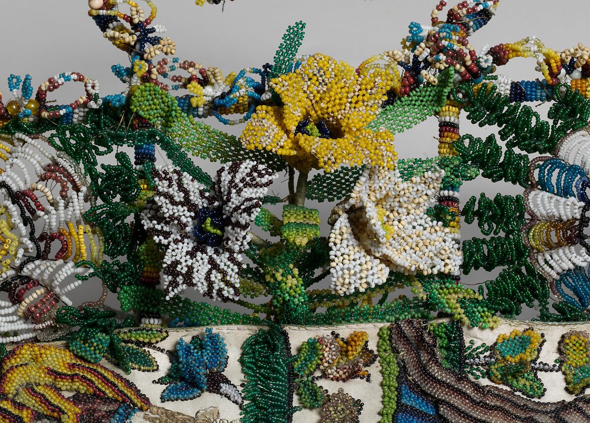 King Charles II and Catherine of Braganza with allegories of the four continents, Glass beads on silk with wire framework, British