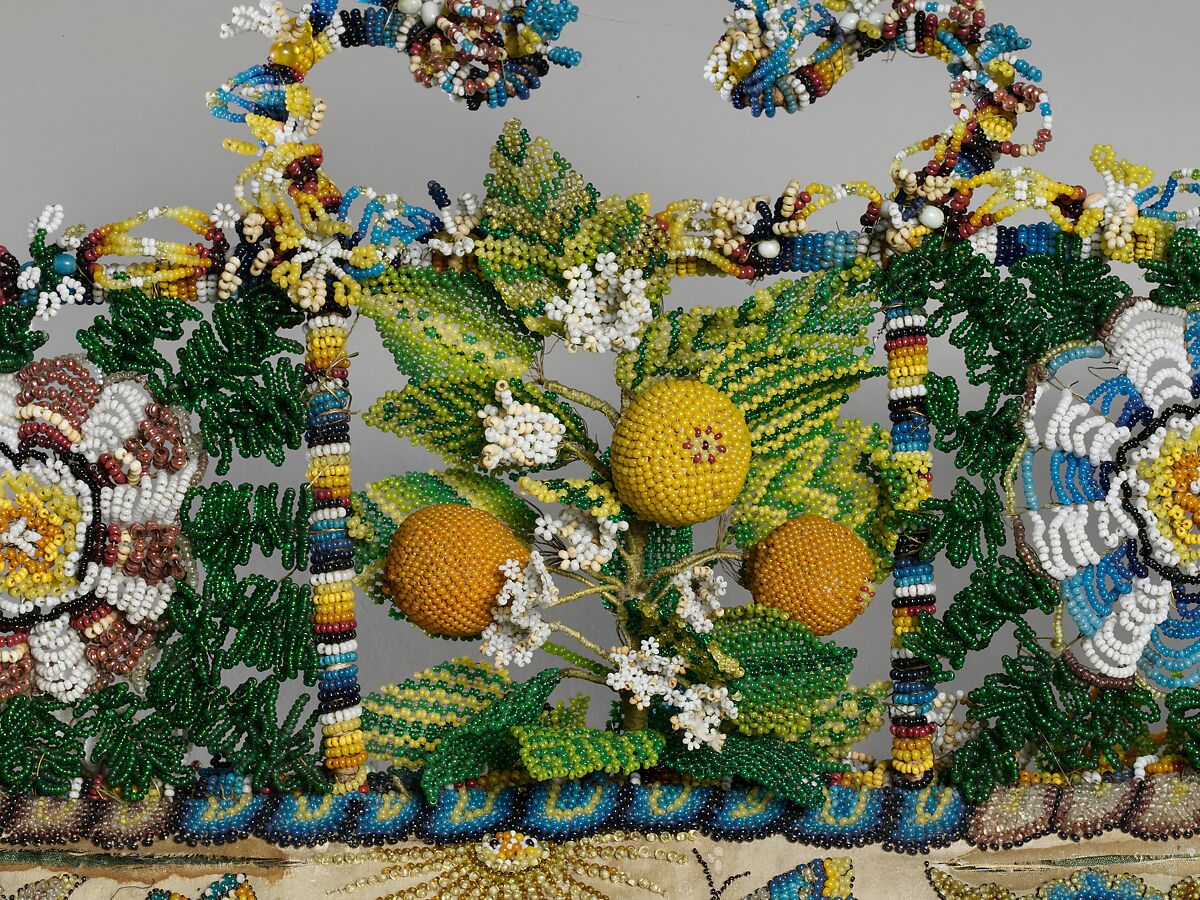 King Charles II and Catherine of Braganza with allegories of the four continents, Glass beads on silk with wire framework, British