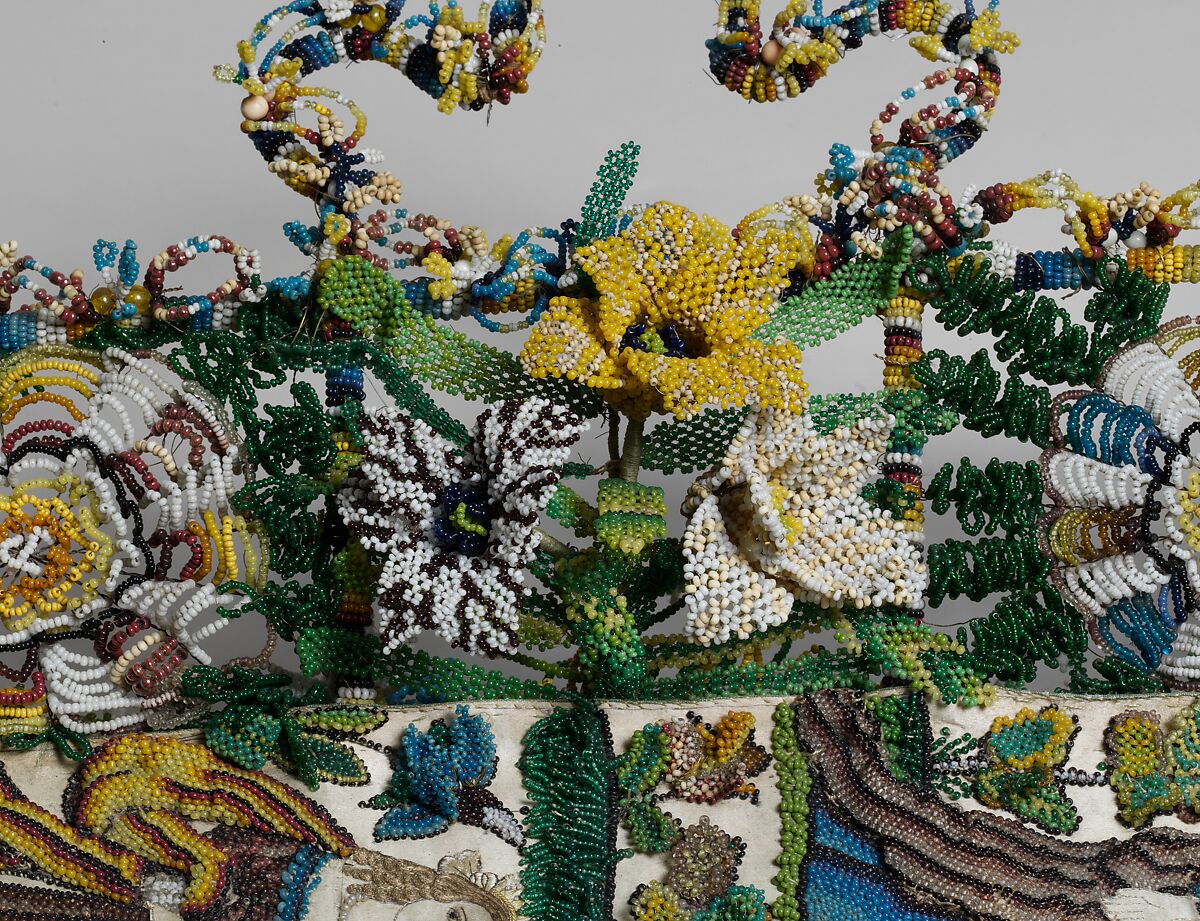 King Charles II and Catherine of Braganza with allegories of the four continents, Glass beads on silk with wire framework, British