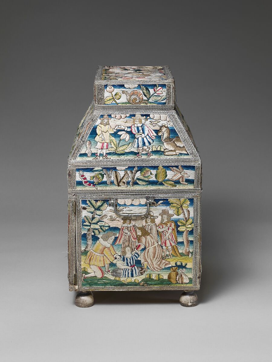 Cabinet with scenes from the Life of Joseph, Linen worked with silk thread; laid work, split, knot, satin and sheaf stitches; metal thread trim; wood frame; silk lining; turned wood feet, British