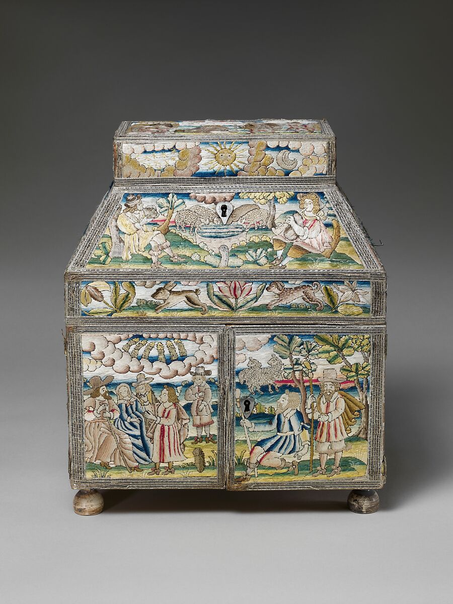 Cabinet with scenes from the Life of Joseph, Linen worked with silk thread; laid work, split, knot, satin and sheaf stitches; metal thread trim; wood frame; silk lining; turned wood feet, British