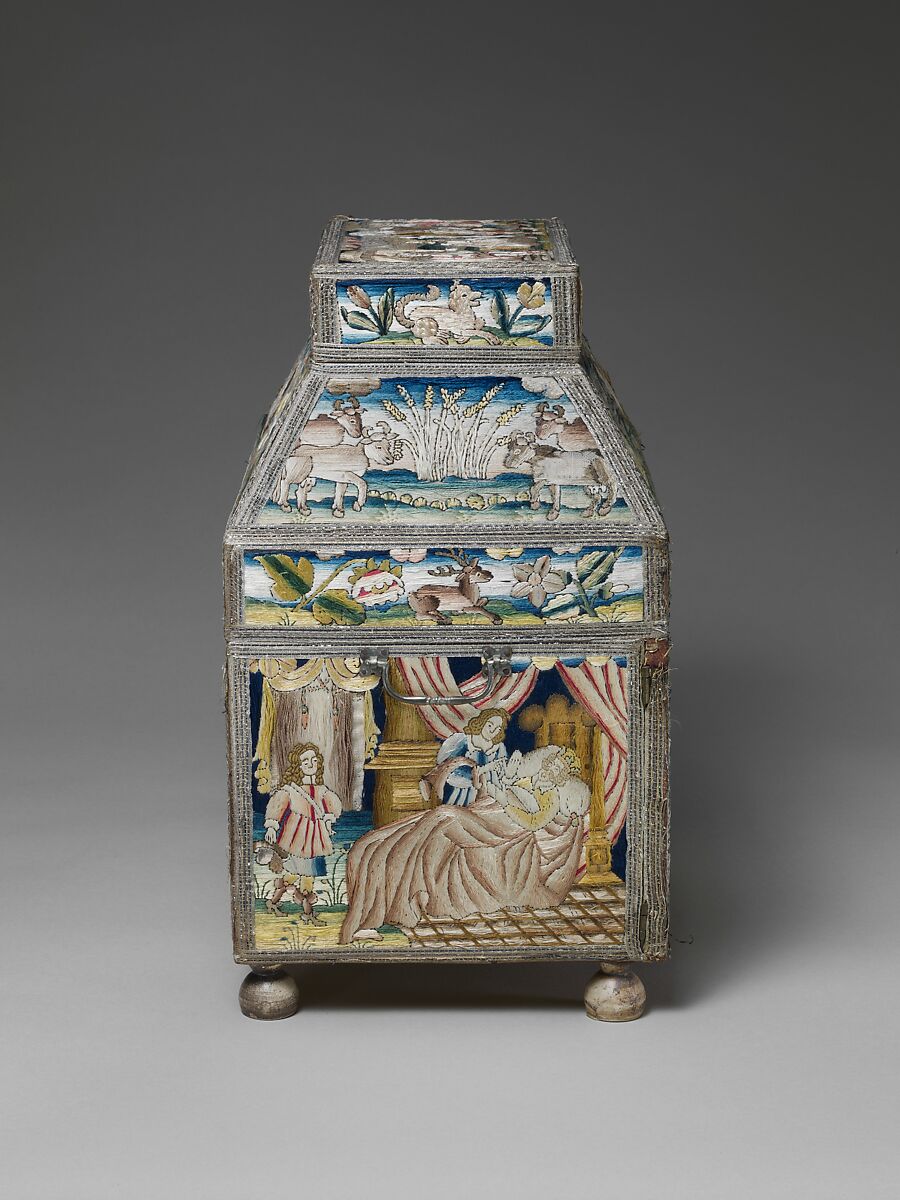 Cabinet with scenes from the Life of Joseph, Linen worked with silk thread; laid work, split, knot, satin and sheaf stitches; metal thread trim; wood frame; silk lining; turned wood feet, British