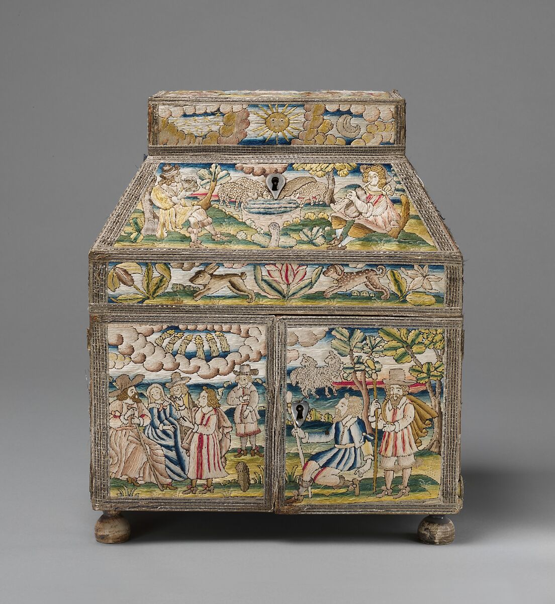 Cabinet with scenes from the Life of Joseph, Linen worked with silk thread; laid work, split, knot, satin and sheaf stitches; metal thread trim; wood frame; silk lining; turned wood feet, British