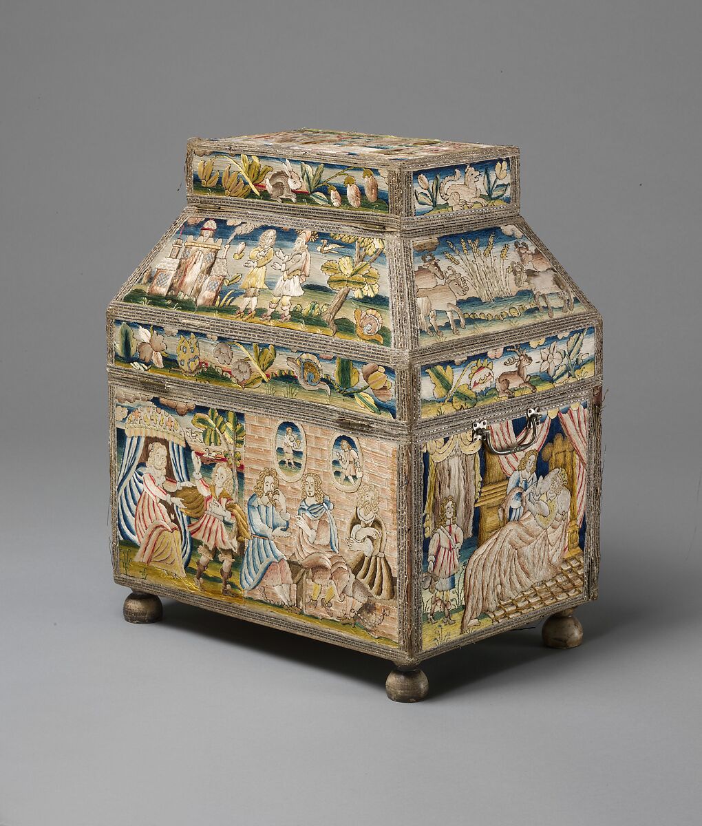 Cabinet with scenes from the Life of Joseph, Linen worked with silk thread; laid work, split, knot, satin and sheaf stitches; metal thread trim; wood frame; silk lining; turned wood feet, British