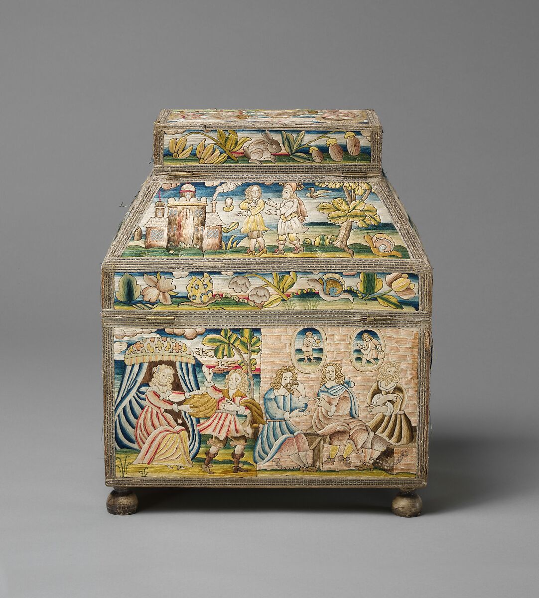Cabinet with scenes from the Life of Joseph, Linen worked with silk thread; laid work, split, knot, satin and sheaf stitches; metal thread trim; wood frame; silk lining; turned wood feet, British