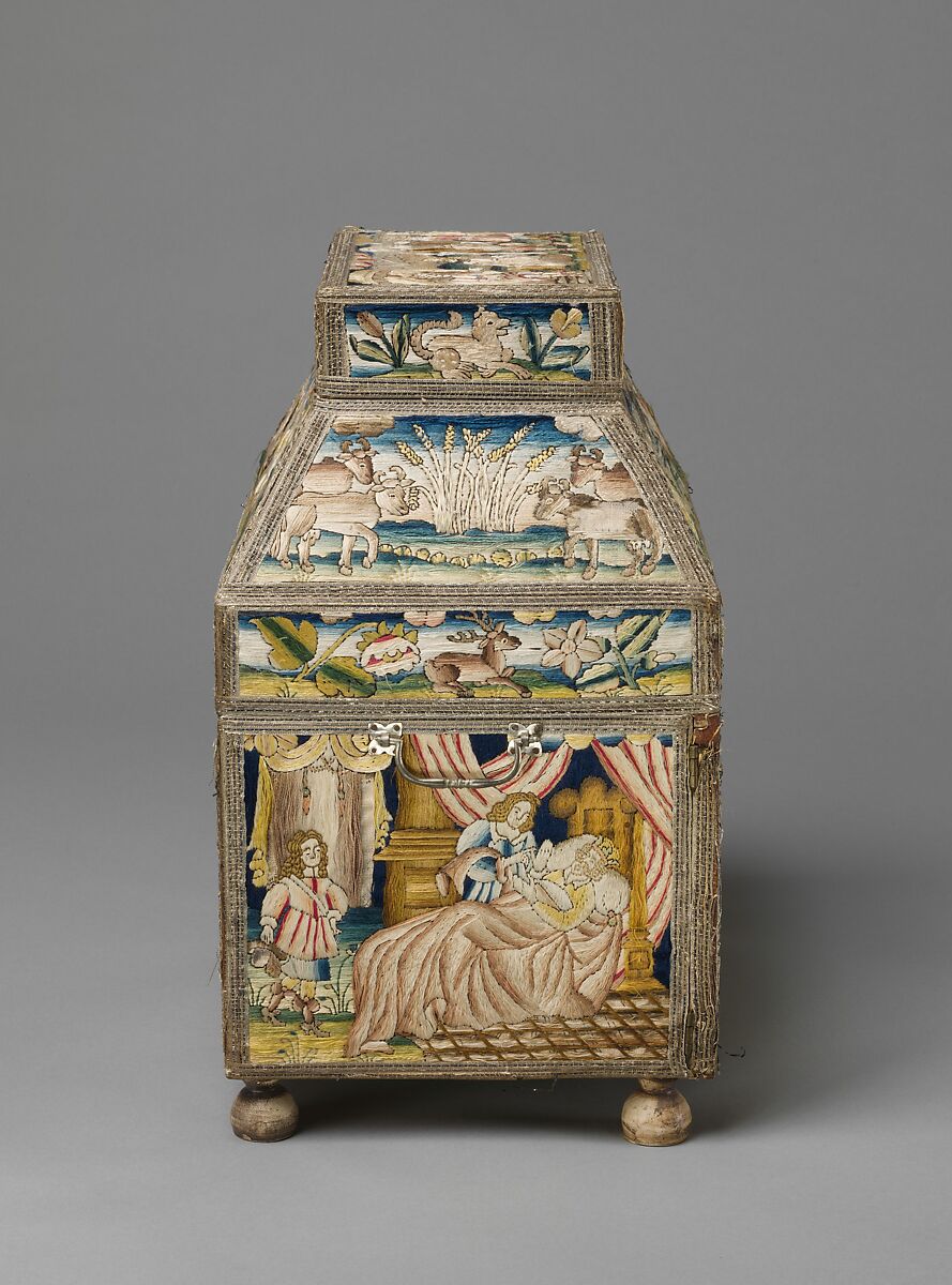 Cabinet with scenes from the Life of Joseph, Linen worked with silk thread; laid work, split, knot, satin and sheaf stitches; metal thread trim; wood frame; silk lining; turned wood feet, British