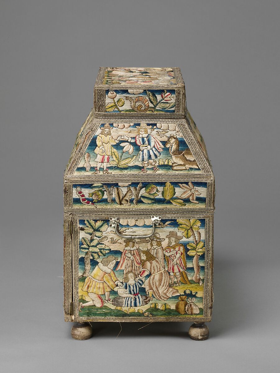 Cabinet with scenes from the Life of Joseph, Linen worked with silk thread; laid work, split, knot, satin and sheaf stitches; metal thread trim; wood frame; silk lining; turned wood feet, British