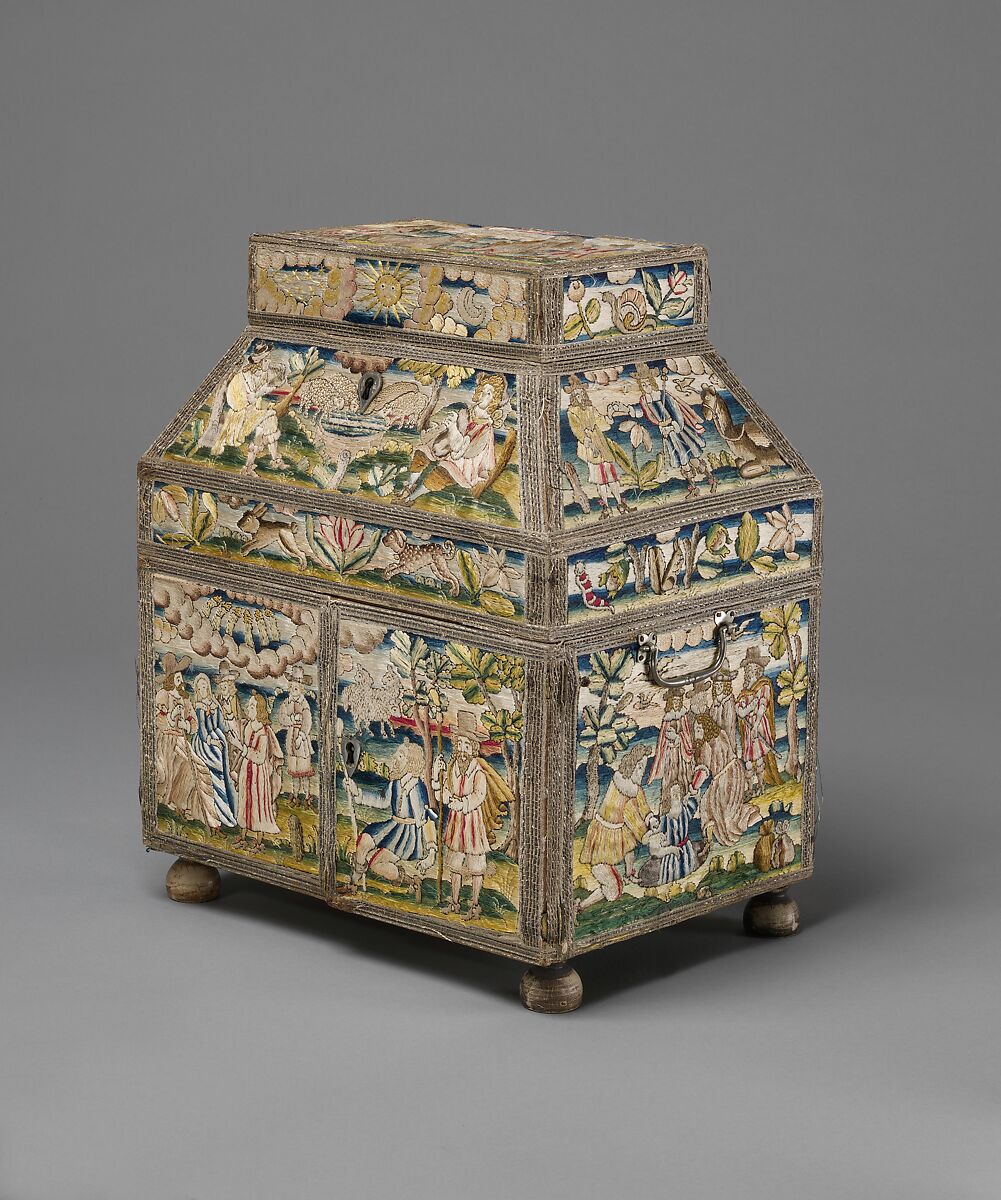 Cabinet with scenes from the Life of Joseph, Linen worked with silk thread; laid work, split, knot, satin and sheaf stitches; metal thread trim; wood frame; silk lining; turned wood feet, British