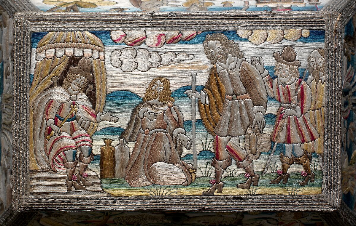 Cabinet with scenes from the Life of Joseph, Linen worked with silk thread; laid work, split, knot, satin and sheaf stitches; metal thread trim; wood frame; silk lining; turned wood feet, British