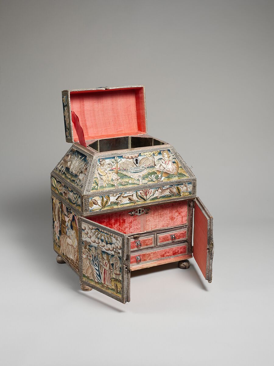 Cabinet with scenes from the Life of Joseph, Linen worked with silk thread; laid work, split, knot, satin and sheaf stitches; metal thread trim; wood frame; silk lining; turned wood feet, British