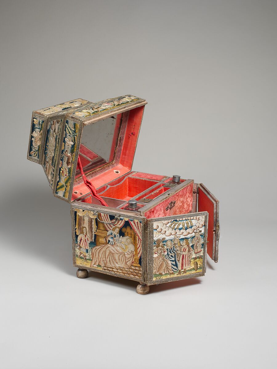 Cabinet with scenes from the Life of Joseph, Linen worked with silk thread; laid work, split, knot, satin and sheaf stitches; metal thread trim; wood frame; silk lining; turned wood feet, British