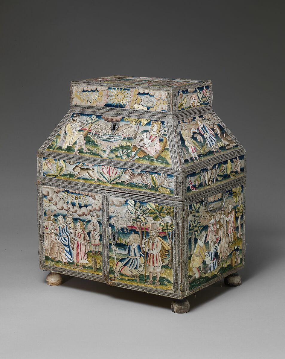 Cabinet with scenes from the Life of Joseph, Linen worked with silk thread; laid work, split, knot, satin and sheaf stitches; metal thread trim; wood frame; silk lining; turned wood feet, British 