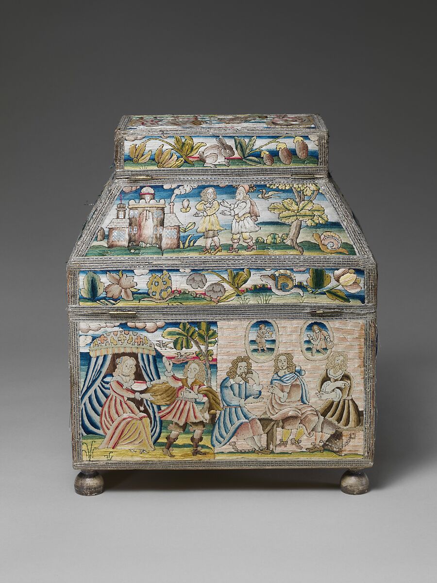 Cabinet with scenes from the Life of Joseph, Linen worked with silk thread; laid work, split, knot, satin and sheaf stitches; metal thread trim; wood frame; silk lining; turned wood feet, British