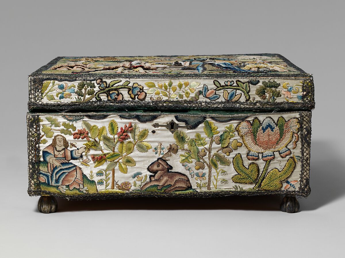 Casket with scenes from the Story of Solomon and the Queen of Sheba, Satin worked with silk and metal thread, seed pearls; tent, satin, couching, Ceylon, detached needlepoint variations, knotted pile, knots, and crochet stitches; needle lace, metal bobbin lace; wood frame, silk lining, carved wooden feet, British 