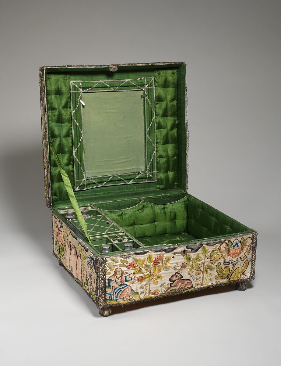 Casket with scenes from the Story of Solomon and the Queen of Sheba, Satin worked with silk and metal thread, seed pearls; tent, satin, couching, Ceylon, detached needlepoint variations, knotted pile, knots, and crochet stitches; needle lace, metal bobbin lace; wood frame, silk lining, carved wooden feet, British