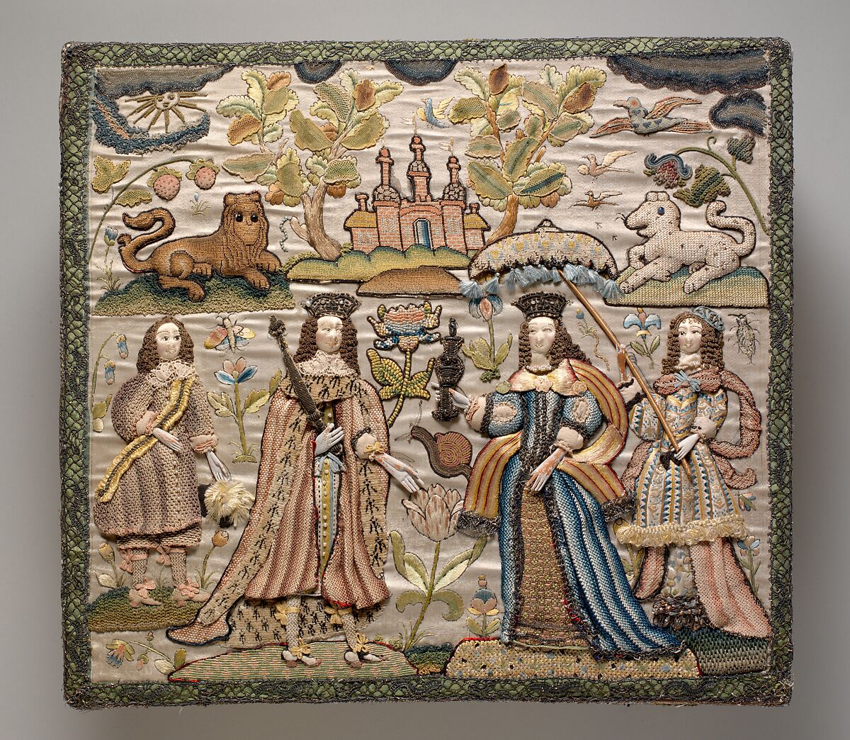 Casket with scenes from the Story of Solomon and the Queen of Sheba, Satin worked with silk and metal thread, seed pearls; tent, satin, couching, Ceylon, detached needlepoint variations, knotted pile, knots, and crochet stitches; needle lace, metal bobbin lace; wood frame, silk lining, carved wooden feet, British