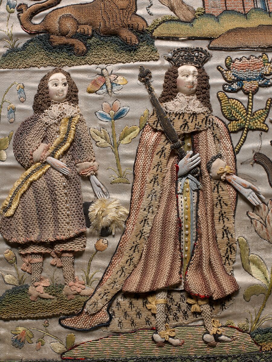 Casket with scenes from the Story of Solomon and the Queen of Sheba, Satin worked with silk and metal thread, seed pearls; tent, satin, couching, Ceylon, detached needlepoint variations, knotted pile, knots, and crochet stitches; needle lace, metal bobbin lace; wood frame, silk lining, carved wooden feet, British