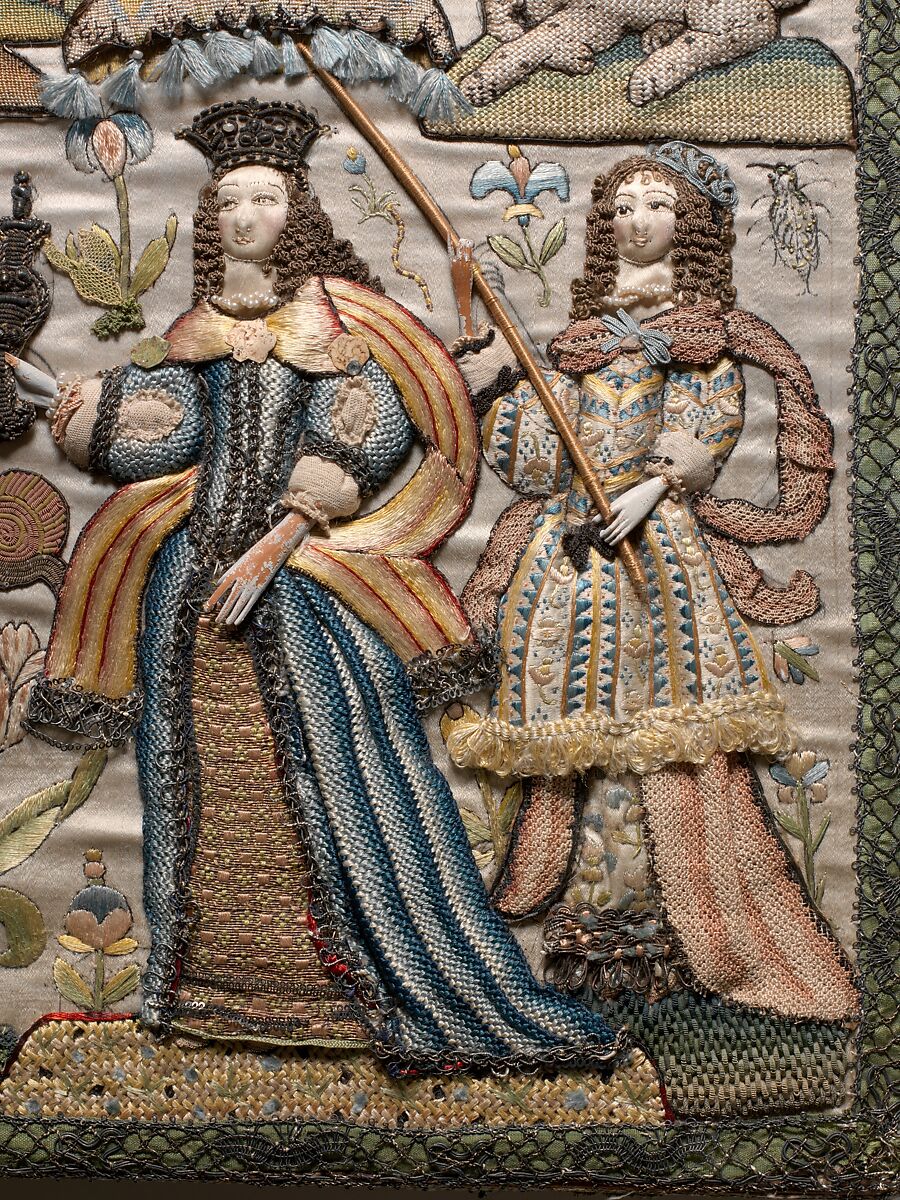 Casket with scenes from the Story of Solomon and the Queen of Sheba, Satin worked with silk and metal thread, seed pearls; tent, satin, couching, Ceylon, detached needlepoint variations, knotted pile, knots, and crochet stitches; needle lace, metal bobbin lace; wood frame, silk lining, carved wooden feet, British