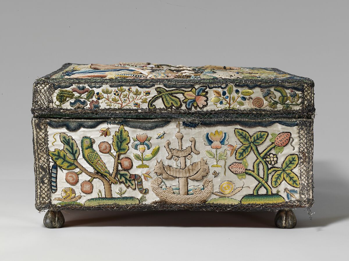 Casket with scenes from the Story of Solomon and the Queen of Sheba, Satin worked with silk and metal thread, seed pearls; tent, satin, couching, Ceylon, detached needlepoint variations, knotted pile, knots, and crochet stitches; needle lace, metal bobbin lace; wood frame, silk lining, carved wooden feet, British