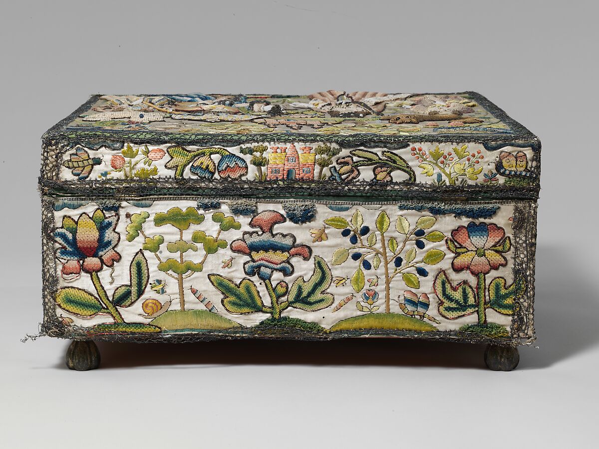 Casket with scenes from the Story of Solomon and the Queen of Sheba, Satin worked with silk and metal thread, seed pearls; tent, satin, couching, Ceylon, detached needlepoint variations, knotted pile, knots, and crochet stitches; needle lace, metal bobbin lace; wood frame, silk lining, carved wooden feet, British