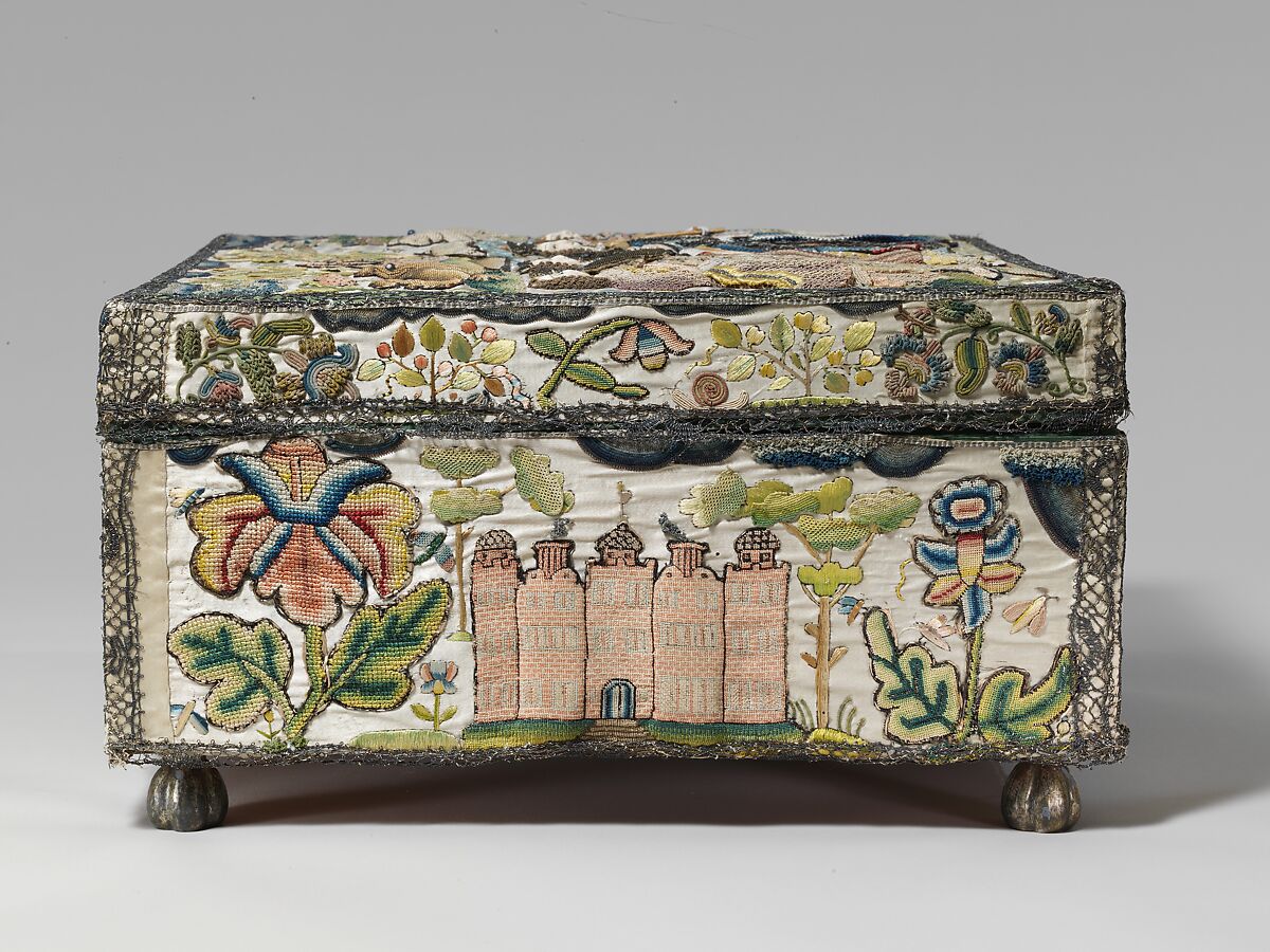 Casket with scenes from the Story of Solomon and the Queen of Sheba, Satin worked with silk and metal thread, seed pearls; tent, satin, couching, Ceylon, detached needlepoint variations, knotted pile, knots, and crochet stitches; needle lace, metal bobbin lace; wood frame, silk lining, carved wooden feet, British