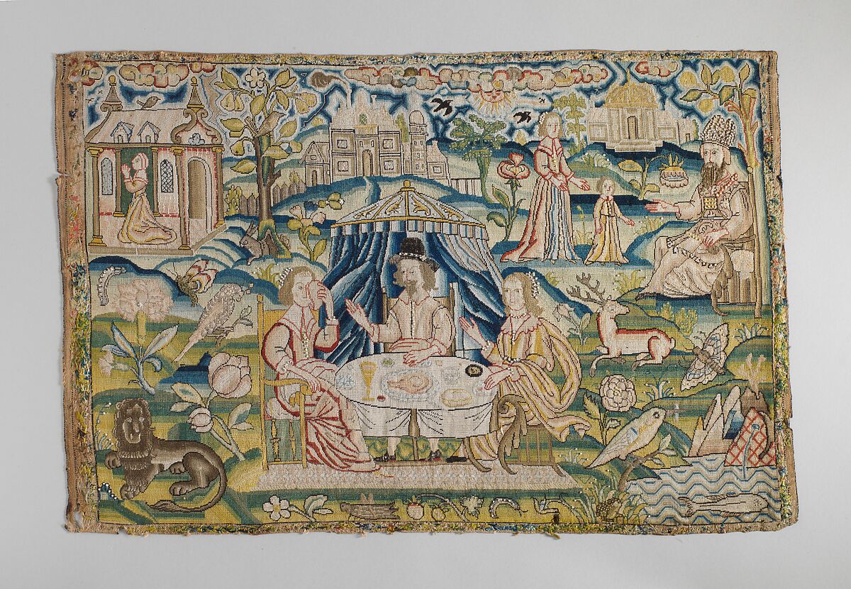 The Story of Samuel, Linen canvas worked with silk and metal thread, seed pearls; tent, couching, and straight stitch, British 