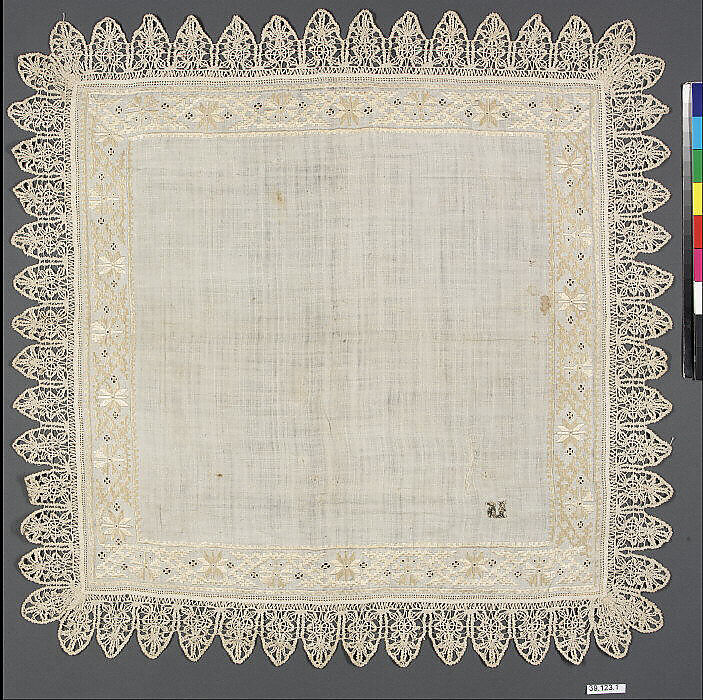 Handkerchief, Linen and silk, bobbin lace, Italian 