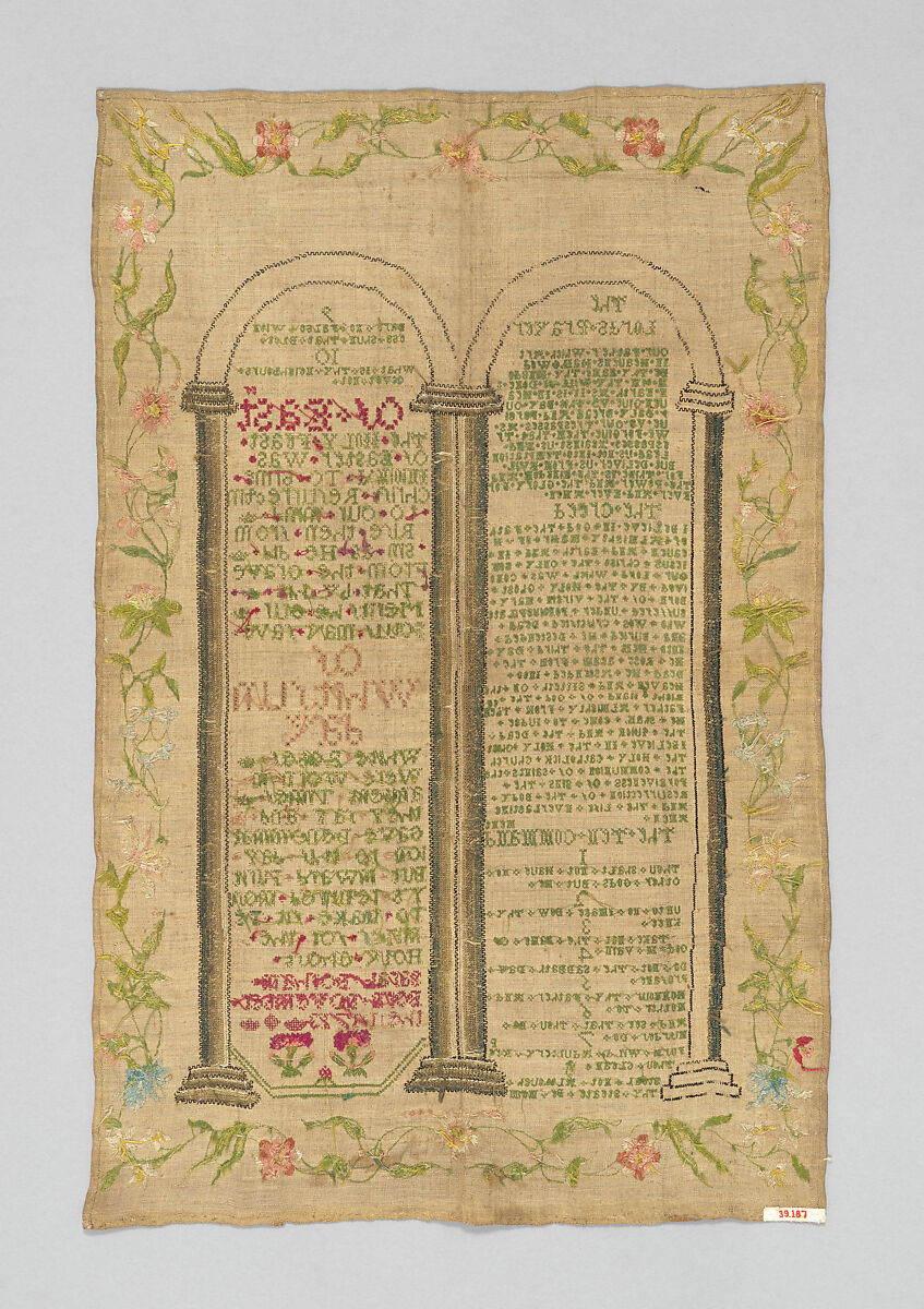 Sampler with the Lord's Prayer, the Ten Commandments and other text, Sarah Borham (1713 - ?), Silk on linen, British