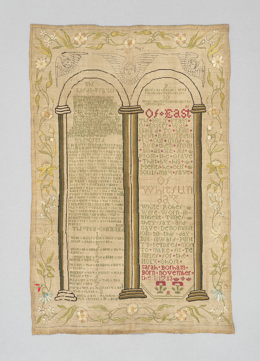 Sampler with the Lord's Prayer, the Ten Commandments and other text, Sarah Borham (1713 - ?), Silk on linen, British 