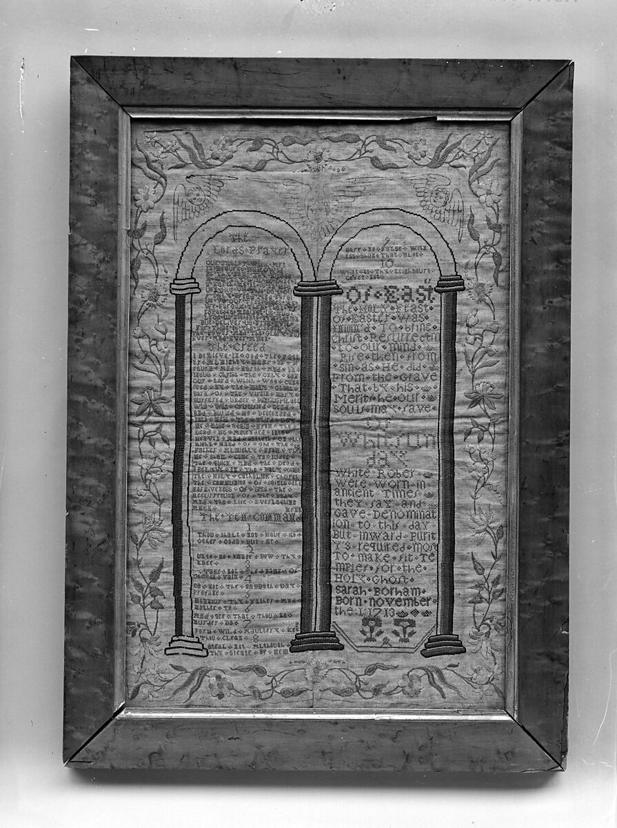 Sampler with the Lord's Prayer, the Ten Commandments and other text, Sarah Borham (1713 - ?), Silk on linen, British