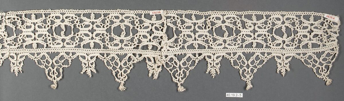 Border and fragments (3), Bobbin lace, Italian, Venice