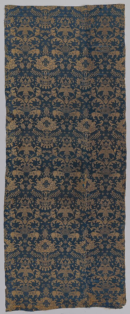 Textile with elephants, crowned double headed eagles, and flowers, Silk damask, Chinese, Macao, for Iberian market 