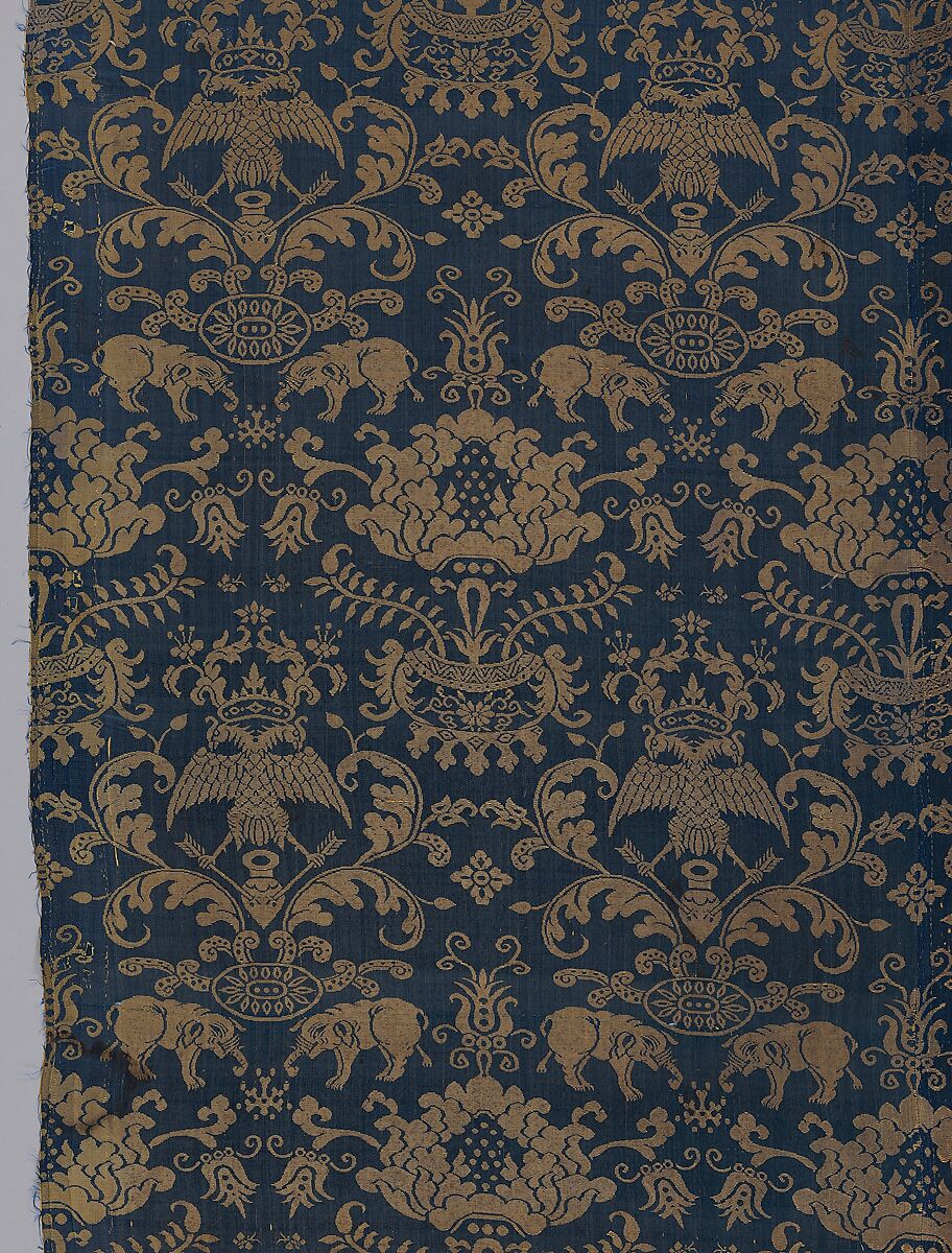 Textile with elephants, crowned double headed eagles, and flowers, Silk damask, Chinese, Macao, for Iberian market
