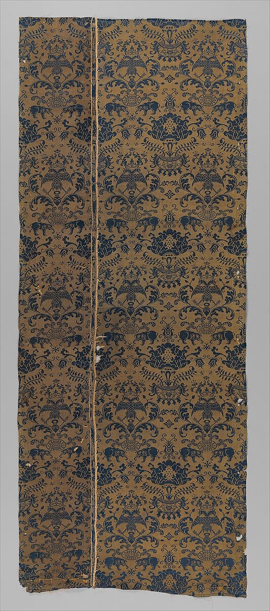 Textile with elephants, crowned double headed eagles, and flowers, Silk damask, Chinese, Macao, for Iberian market