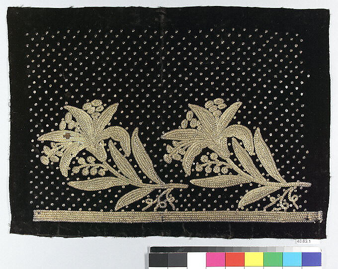 Dress border, Gold sequins on velvet, French 