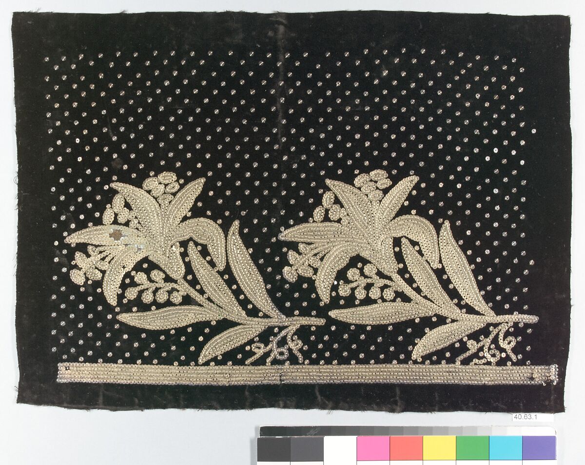 Dress border, Gold sequins on velvet, French