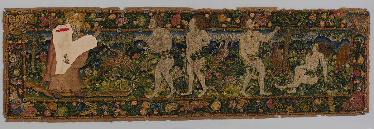 Adam and Eve Making Garments of Leaves; God Admonishing Adam and Eve for their Transgression (one of a set of three), Canvas worked with wool, silk, and metal thread; chain, split, tent, and straight stitches; appliqué of woven silk textiles; metal thread braid, Scottish or English