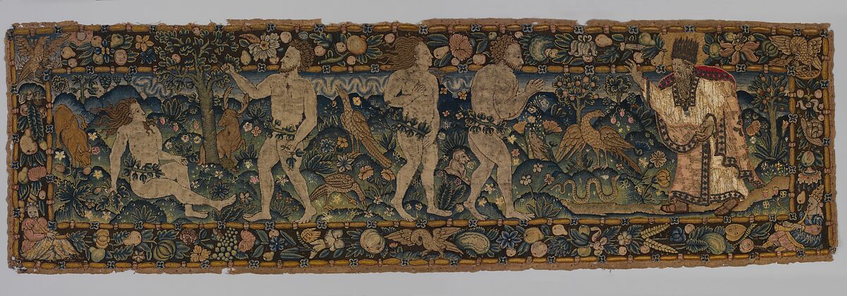 Adam and Eve Making Garments of Leaves; God Admonishing Adam and Eve for their Transgression (one of a set of three), Canvas worked with wool, silk, and metal thread; chain, split, tent, and straight stitches; appliqué of woven silk textiles; metal thread braid, Scottish or English