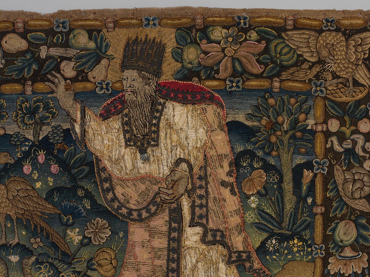 Adam and Eve Making Garments of Leaves; God Admonishing Adam and Eve for their Transgression (one of a set of three), Canvas worked with wool, silk, and metal thread; chain, split, tent, and straight stitches; appliqué of woven silk textiles; metal thread braid, Scottish or English