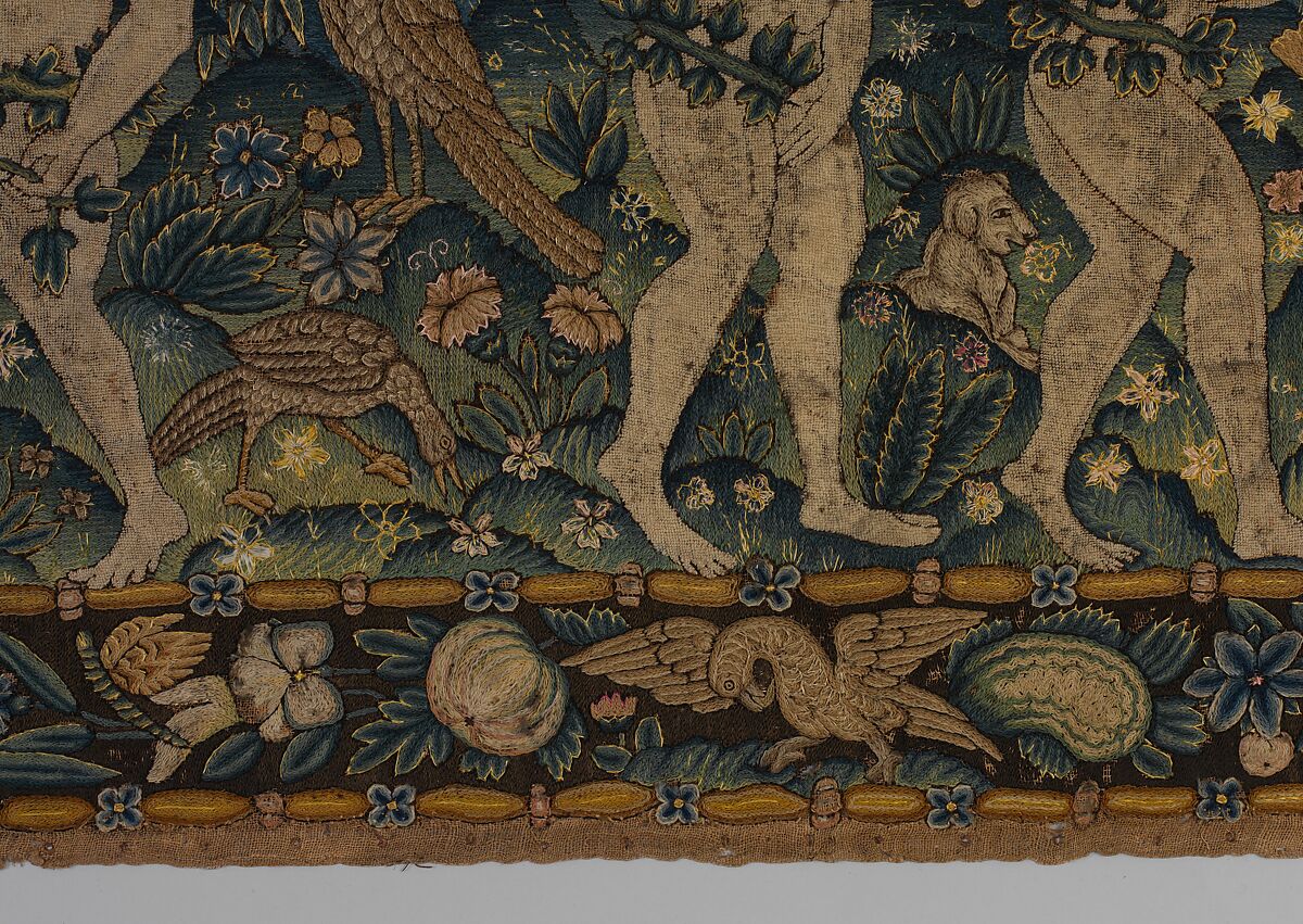 Adam and Eve Making Garments of Leaves; God Admonishing Adam and Eve for their Transgression (one of a set of three), Canvas worked with wool, silk, and metal thread; chain, split, tent, and straight stitches; appliqué of woven silk textiles; metal thread braid, Scottish or English