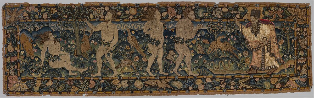 Adam and Eve Making Garments of Leaves; God Admonishing Adam and Eve for their Transgression (one of a set of three), Canvas worked with wool, silk, and metal thread; chain, split, tent, and straight stitches; appliqué of woven silk textiles; metal thread braid, Scottish or English 