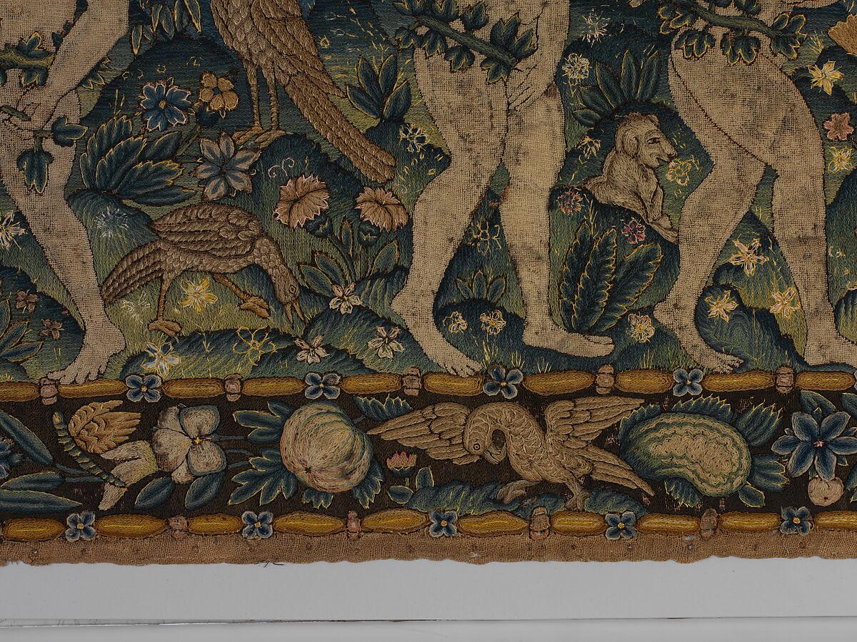 Adam and Eve Making Garments of Leaves; God Admonishing Adam and Eve for their Transgression (one of a set of three), Canvas worked with wool, silk, and metal thread; chain, split, tent, and straight stitches; appliqué of woven silk textiles; metal thread braid, Scottish or English