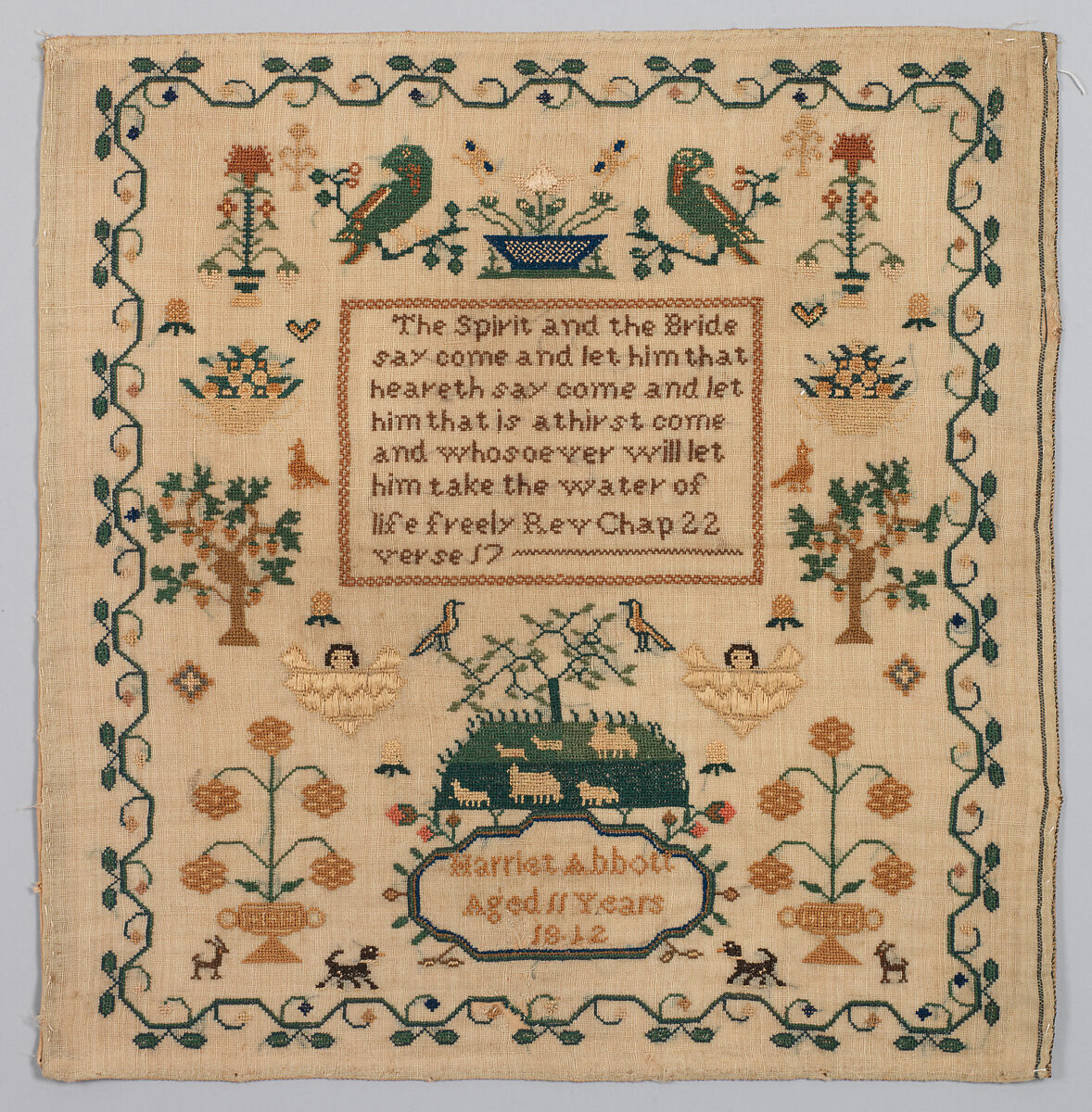 Sampler, Silk on wool canvas, possibly British 