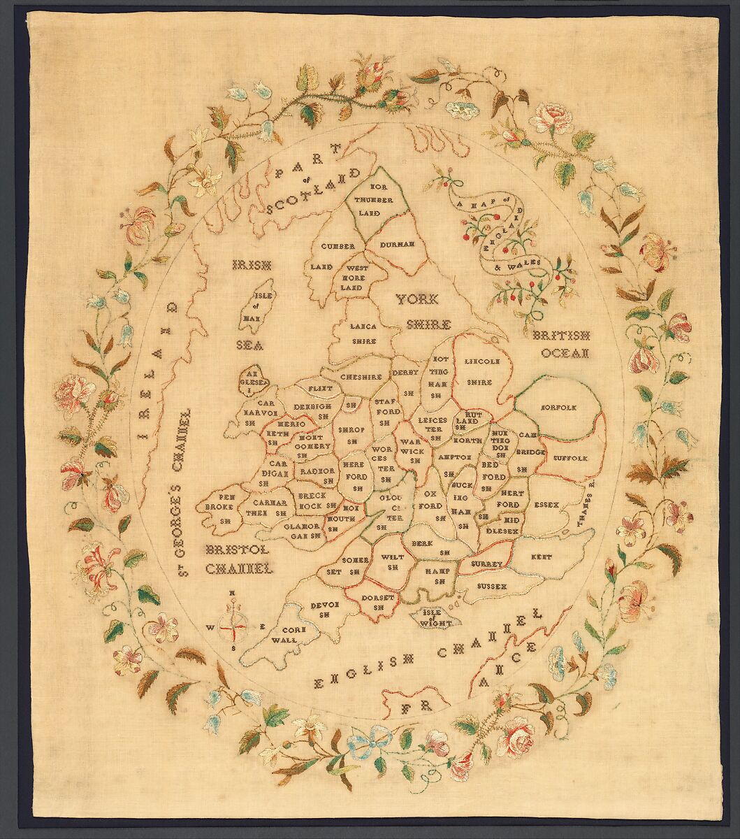Embroidered map sampler, Silk embroidery on wool, British 