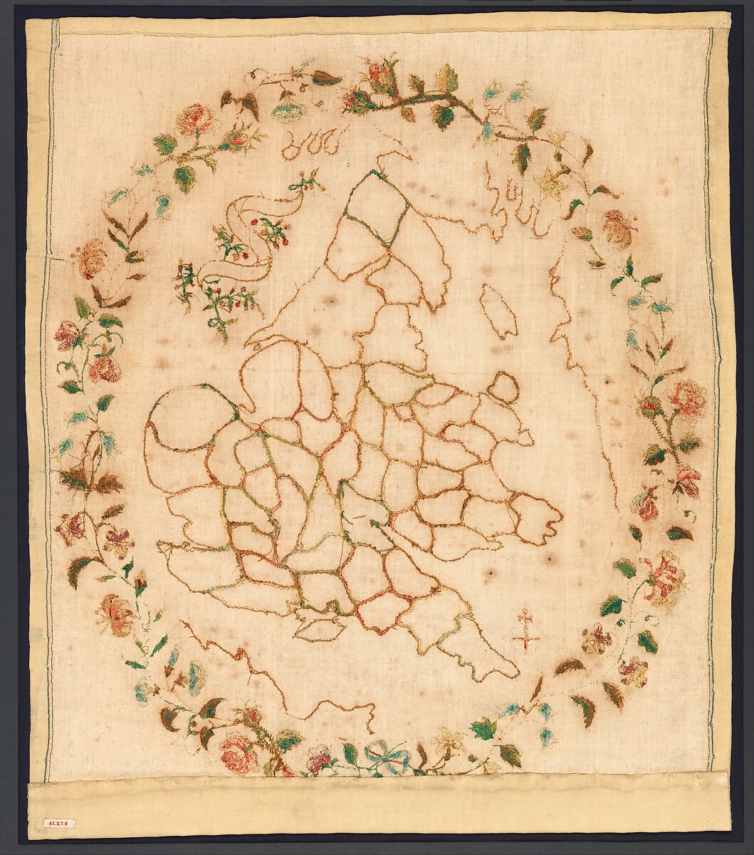 Embroidered map sampler, Silk embroidery on wool, British