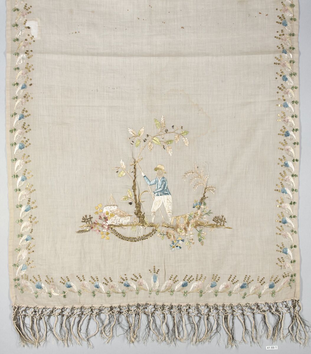 Scarf, Silk, metal thread and paillettes on cotton, French