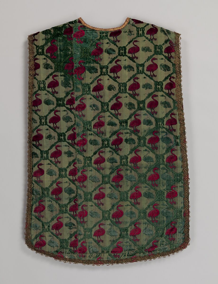 Cut and uncut velvet, figured with repeat bird pattern, in red and green