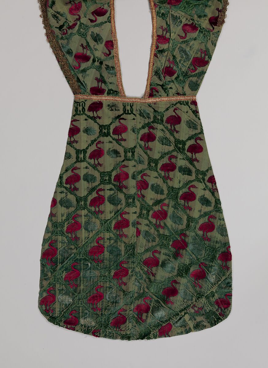 Cut and uncut velvet, figured with repeat bird pattern, in red and green, Silk, Italian