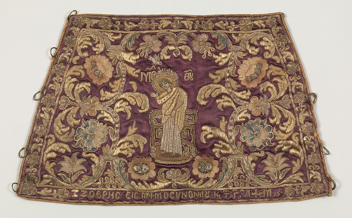 Liturgical cuff (Epimanikion), Silk, metal thread, and metal wire embroidery on a foundation of silk satin, Greek 