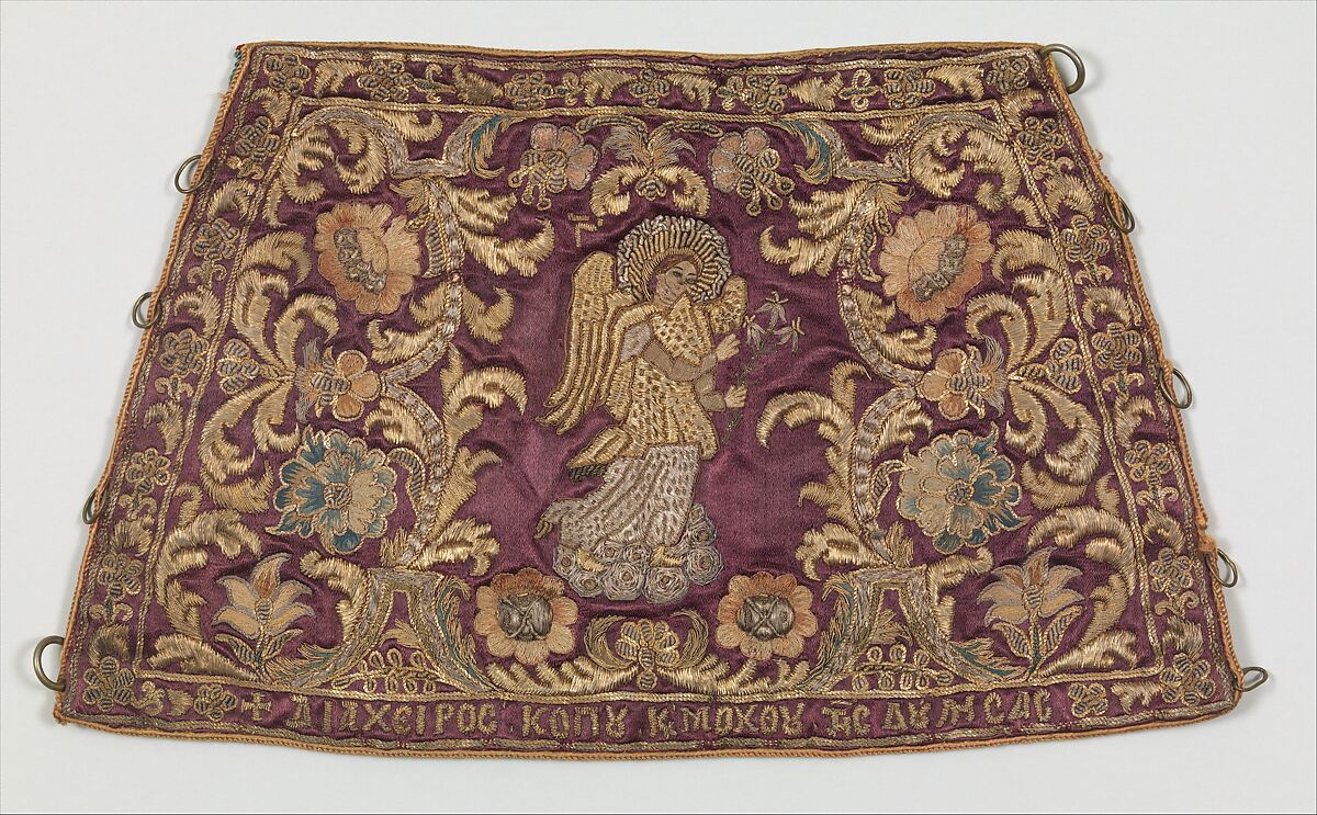 Liturgical cuff (Epimanikion), Silk, metal thread, and metal wire embroidery on a foundation of silk satin, Greek 